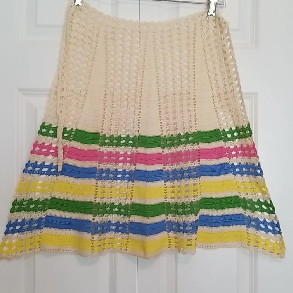 Vintage crochet cream, blue, pink half apron